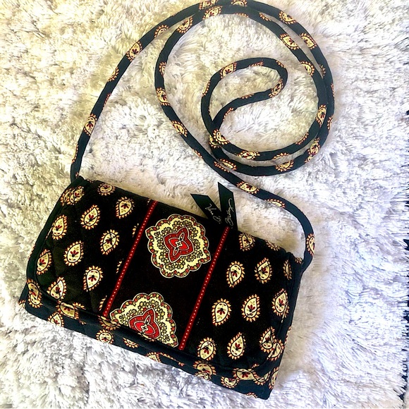 Vera Bradley wallet ~black paisley vintage pattern~ with crossbody strap - Picture 2 of 7